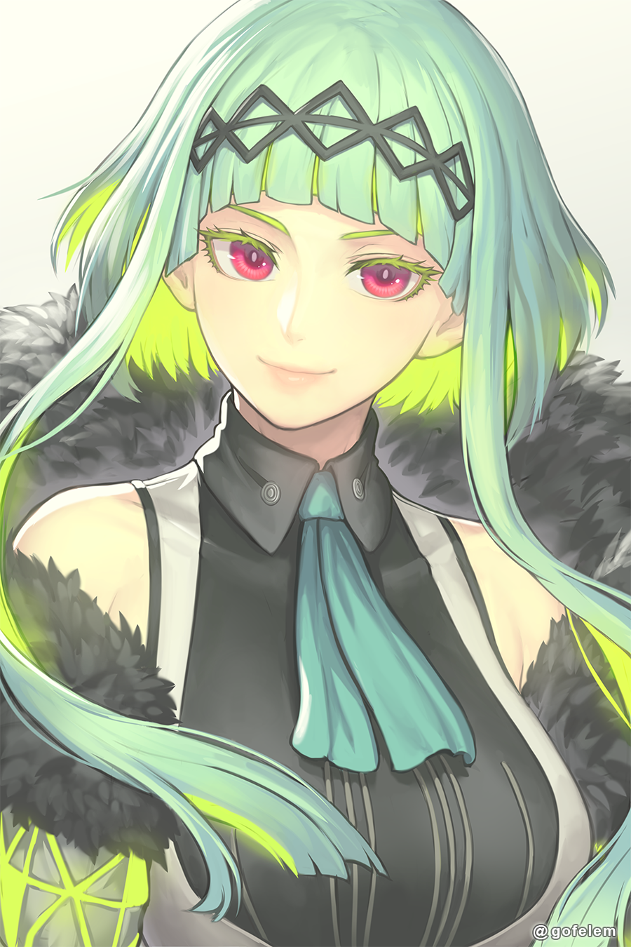 1girl ascot blunt_bangs collared_shirt commentary cropped_jacket devil_summoner:_soul_hackers devil_summoner_(series) fur_trim gofelem green_hair hair_ornament headband highres looking_at_viewer multicolored_hair red_eyes ringo_(soul_hackers_2) shirt short_hair short_hair_with_long_locks sidelocks simple_background smile solo soul_hackers_2 vest