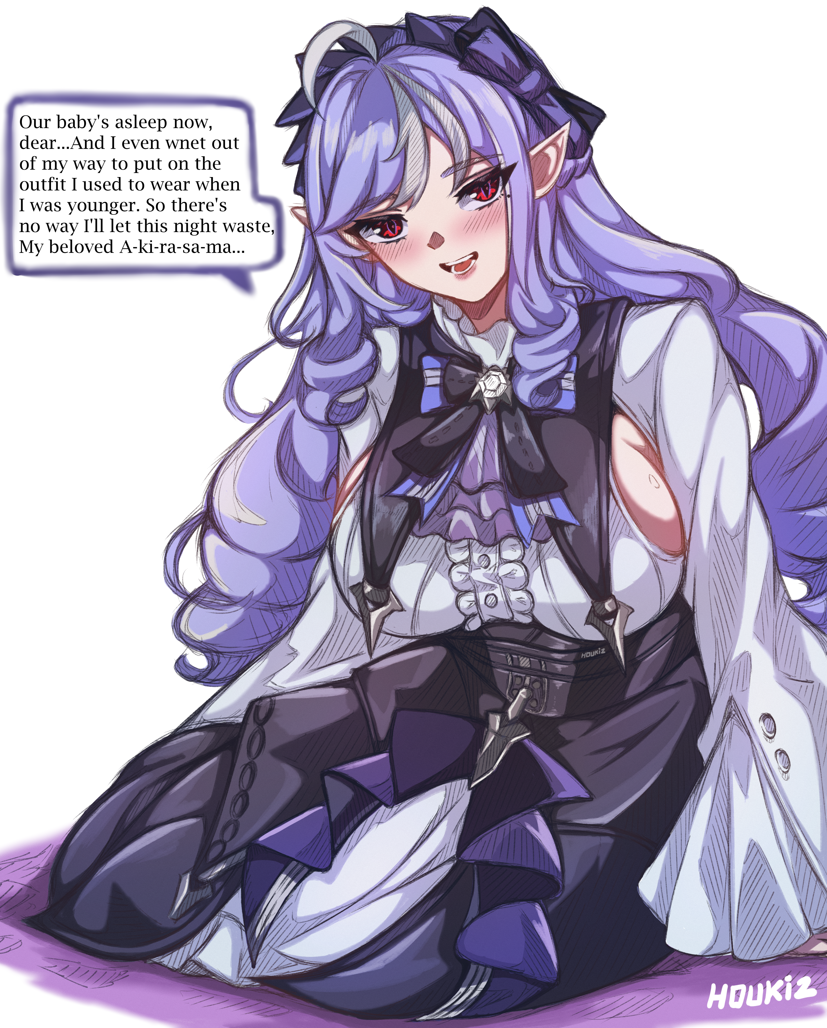 1girl :d absurdres ahoge black_skirt breasts center_frills frills grey_hair highres houkiz large_breasts long_hair long_sleeves looking_at_viewer multicolored_hair open_mouth pointy_ears purple_hair red_eyes shirt simple_background sitting skirt smile solo speech_bubble streaked_hair typo very_long_hair vivian_banshee white_background white_shirt zenless_zone_zero