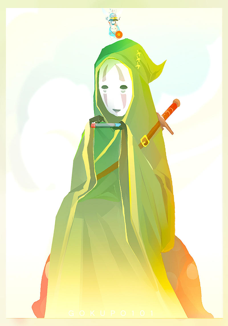 bou_(sen_to_chihiro_no_kamikakushi) coat commentary english_commentary gokupo101 green_coat handheld_game_console holding holding_handheld_game_console holding_shield hood hooded_coat kaonashi mask nintendo nintendo_switch no_humans sen_to_chihiro_no_kamikakushi shield sitting sword sword_on_back the_legend_of_zelda weapon weapon_on_back yu-bird