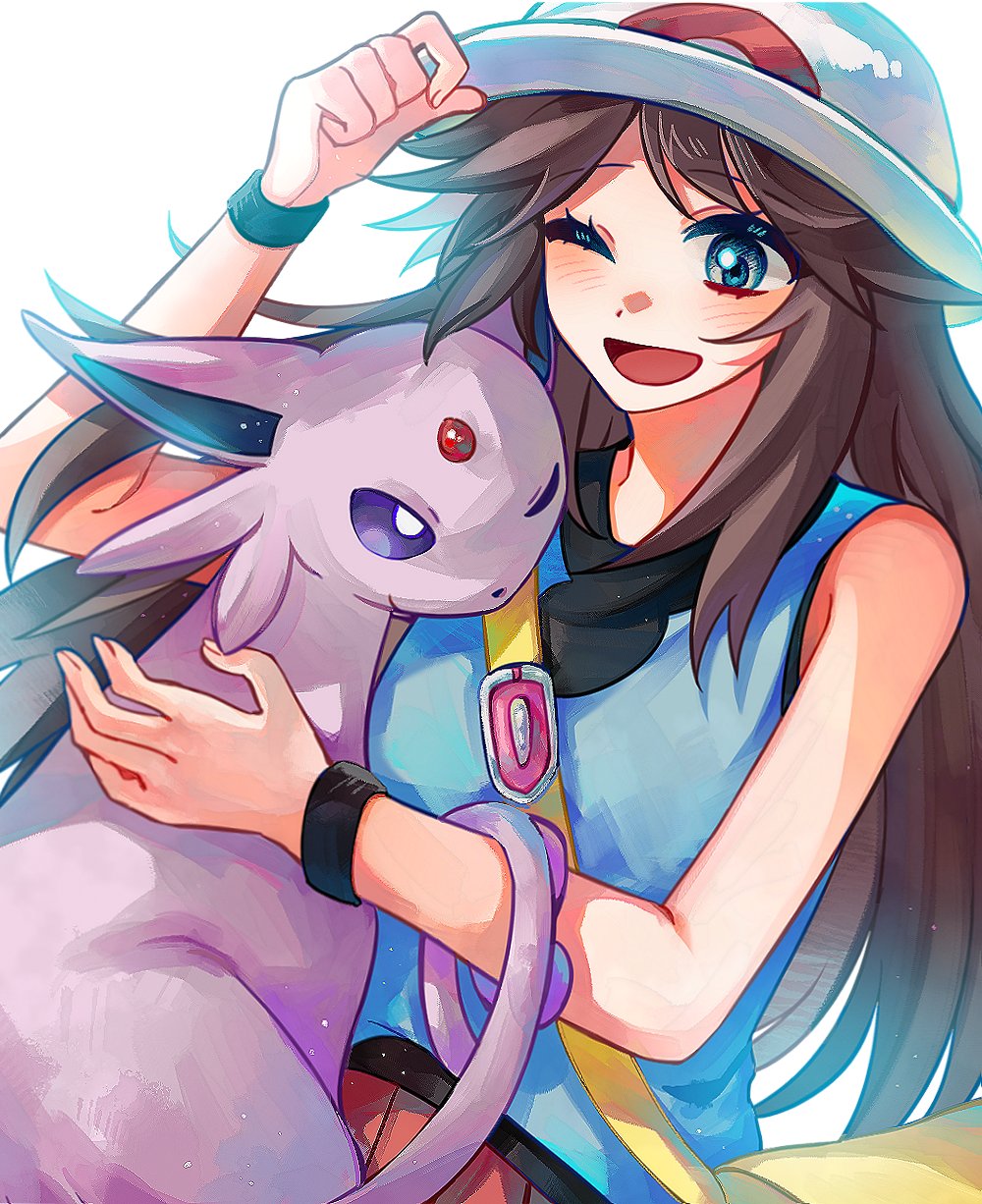 1girl ;d bag blue_shirt brown_hair creatures_(company) espeon game_freak gen_2_pokemon green_(pokemon) hair_flaps happy hat highres kong_(6ki3ki) long_hair nintendo one_eye_closed open_mouth pleated_skirt pokemon pokemon_(creature) pokemon_adventures red_skirt shirt shoulder_bag sidelocks skirt sleeveless sleeveless_shirt smile tongue vs_seeker white_hat yellow_bag