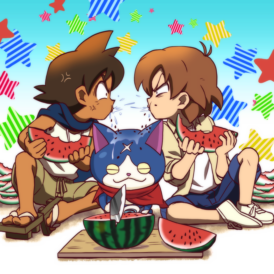 10s 2boys anger_vein bad_id bad_pixiv_id blue_background brown_hair cat eating food fruit fumiaki_(youkai_watch) fuyunyan geta keizou knife multiple_boys nekomata scarf seed shirataki shorts spiked_hair spitting star_(symbol) tan tank_top watermelon watermelon_seeds youkai_watch youkai_watch_2