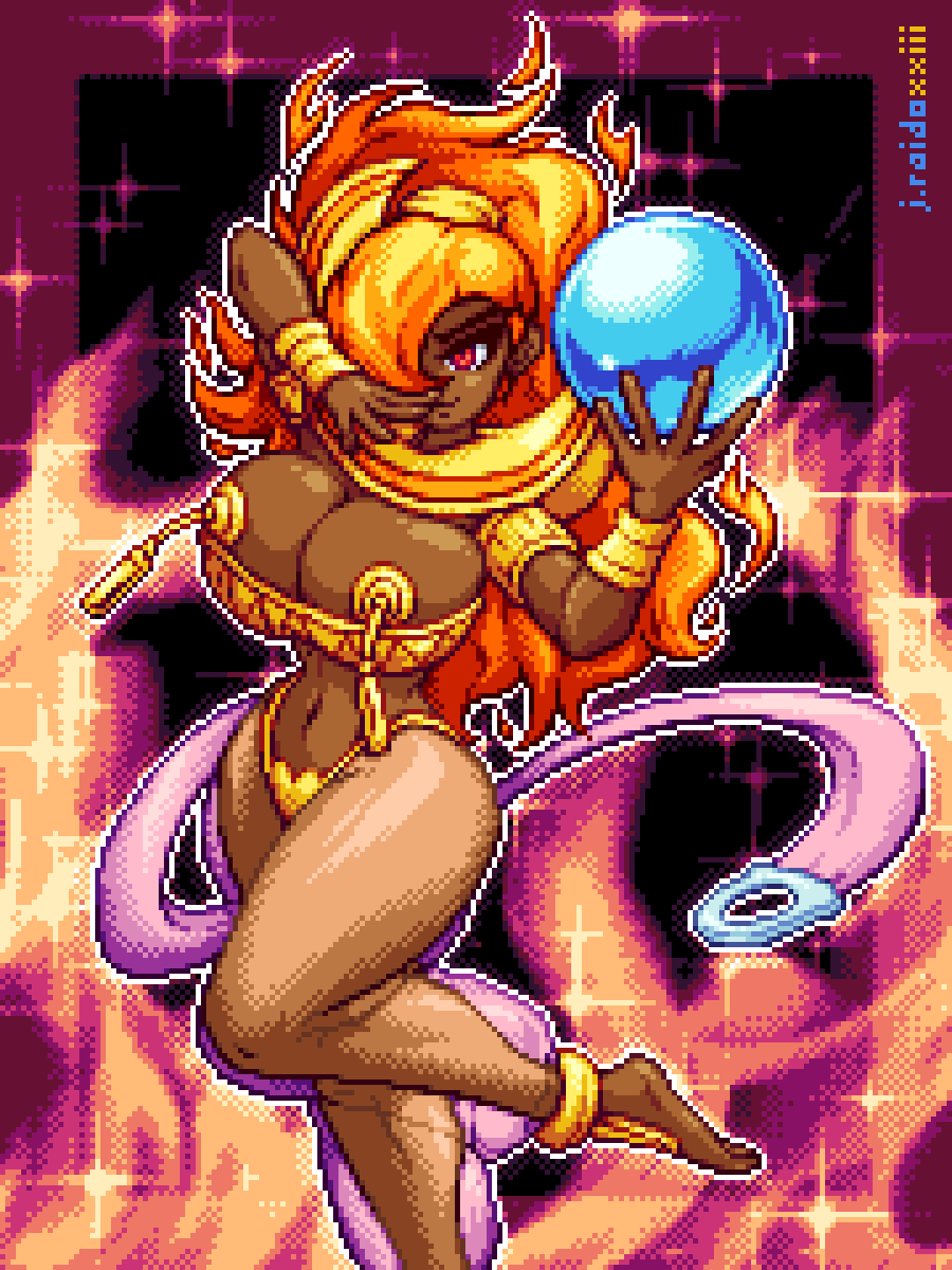 1girl anklet artist_name barefoot breasts chain cleavage dark-skinned_female dark_skin fire hair_over_one_eye highres j.raido jewelry large_breasts long_hair looking_at_viewer navel orange_hair pixel_art power_stone red_eyes rouge_(power_stone) smile solo sparkle standing very_dark_skin