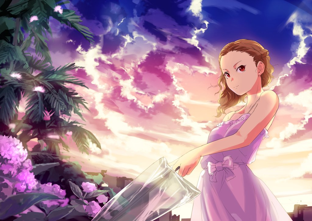 1girl backlighting bare_shoulders blz bow breasts brown_hair camisole closed_mouth cloud cloudy_sky evening flower holding holding_umbrella idolmaster looking_to_the_side medium_breasts outdoors palm_tree pink_camisole pink_flower red_eyes seki_hiromi sky solo standing transparent transparent_umbrella tree umbrella wavy_hair