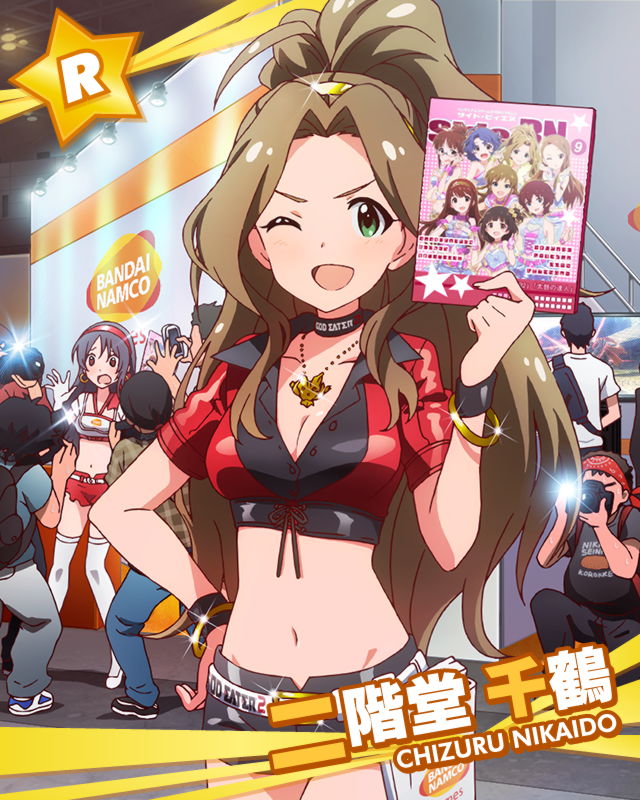 10s akizuki_ritsuko bandai_namco black_hair blush bracelet breasts brown_hair camera card_(medium) character_name choker cleavage flyer green_eyes idolmaster idolmaster_(classic) idolmaster_million_live! jewelry julia_(idolmaster) kousaka_umi medium_breasts midriff million_dreams_(idolmaster) minase_iori multiple_boys multiple_girls nakatani_iku necklace nikaido_chizuru official_art one_eye_closed open_mouth shorts smile takayama_sayoko tanaka_kotoha toyokawa_fuka wink
