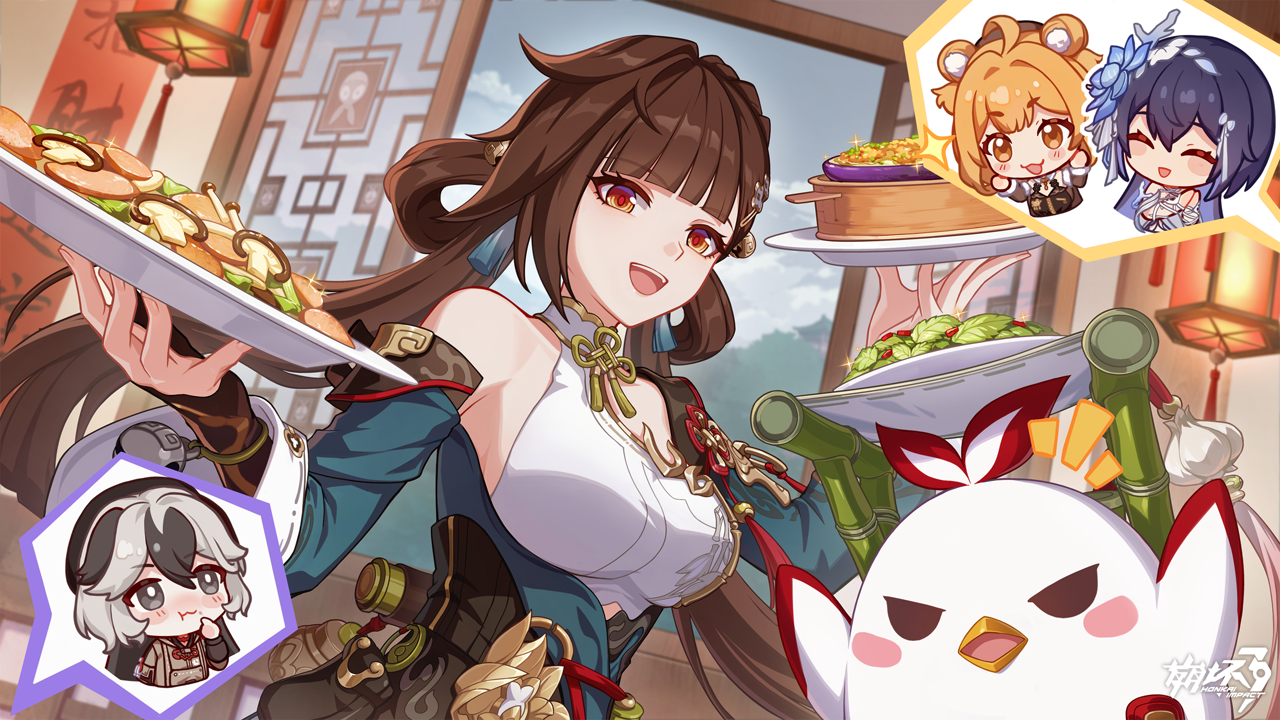 4girls :3 :d :t ^_^ bird blue_eyes blunt_bangs breasts bright_pupils brown_hair chibi chicken closed_eyes coralie_6626_planck game_cg grey_eyes grey_hair hair_rings highres holding holding_plate honkai_(series) honkai_impact_3rd jingwei_(bird) li_sushang li_sushang_(peregrine_sword) long_hair looking_at_viewer medium_breasts multiple_girls mushroom official_art open_mouth orange_eyes orange_hair plate seele_vollerei seele_vollerei_(herrscher_of_rebirth) single_bare_shoulder smile susannah_manatt susannah_manatt_(bear_squad_go!) susannah_manatt_(valkyrie_quicksand) upper_body very_long_hair white_pupils