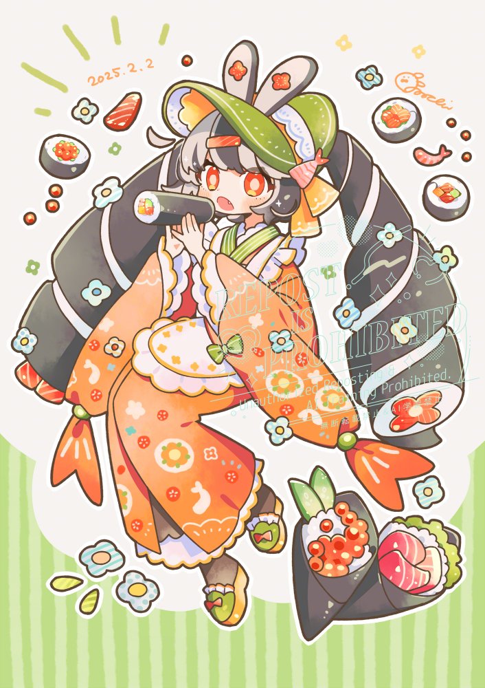 1girl :o black_hair blush bright_pupils brown_socks commentary_request dated ehoumaki fang fish_(food) food full_body green_hat hair_ornament hairclip hands_up hat holding holding_food japanese_clothes kimono long_hair long_sleeves looking_at_viewer makizushi multicolored_hair open_mouth orange_kimono original platform_sandals red_eyes sandals sashimi signature socks solo sorata123 streaked_hair sushi twintails watermark white_hair wide_sleeves yellow_sandals