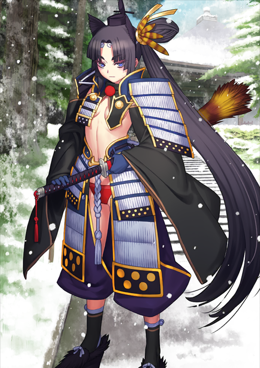 1girl architecture armor asymmetrical_sleeves black_hat black_shoes black_sleeves black_socks blue_gloves breast_curtains breasts circlet closed_mouth clothing_cutout curtained_hair detached_sleeves east_asian_architecture eyeshadow fate/grand_order fate_(series) feather_hair_ornament feathers feet_out_of_frame gloves hair_ornament hand_on_hilt hand_on_sheath hat high_side_ponytail japanese_armor katana kusazuri legs_apart linea_alba long_hair long_sleeves looking_at_viewer makeup mismatched_sleeves no_shirt official_art outdoors panties pants pom_pom_(clothes) purple_pants red_eyeshadow red_panties sakamoto_mineji sheath sheathed shoes shoulder_armor sideboob sidelocks snow snowing socks sode solo standing sword tassel tate_eboshi thigh_cutout third-party_source tree underwear ushiwakamaru_(fate) ushiwakamaru_(third_ascension)_(fate) very_long_hair weapon wide_sleeves wind