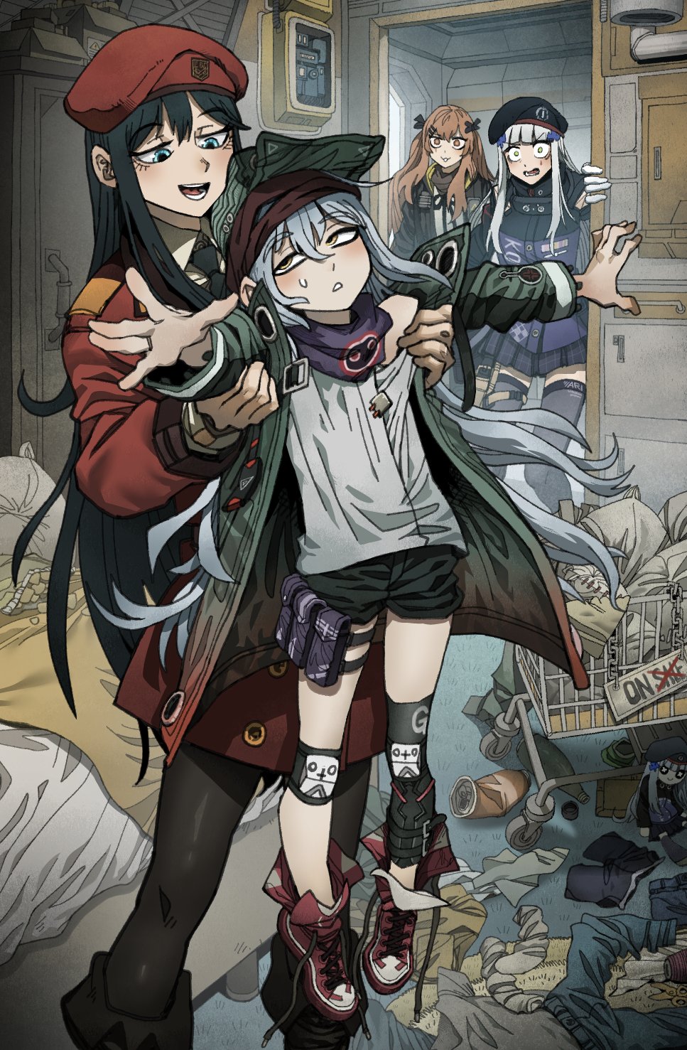 4girls bed_sheet beret black_hair black_shorts blue_eyes blunt_bangs brown_eyes brown_hair carrying character_doll character_request chickenapple33 coat commentary crushed_can english_commentary facial_mark female_commander_(girls&#039;_frontline) g11_(girls&#039;_frontline) girls&#039;_frontline gloves green_eyes grey_hair hat highres hk416_(girls&#039;_frontline) indoors jacket knee_pads lifting_person long_hair messy_room multicolored_coat multiple_girls open_clothes open_coat open_door open_mouth outstretched_hand pantyhose pleated_skirt pouch purple_scarf red_coat scar scar_across_eye scar_on_face scarf shirt shoes shopping_cart shorts size_difference skirt sneakers sweatdrop tactical_clothes tattoo teardrop teardrop_tattoo thigh_pouch thighhighs trash trash_bag twintails ump9_(girls&#039;_frontline) white_gloves white_shirt