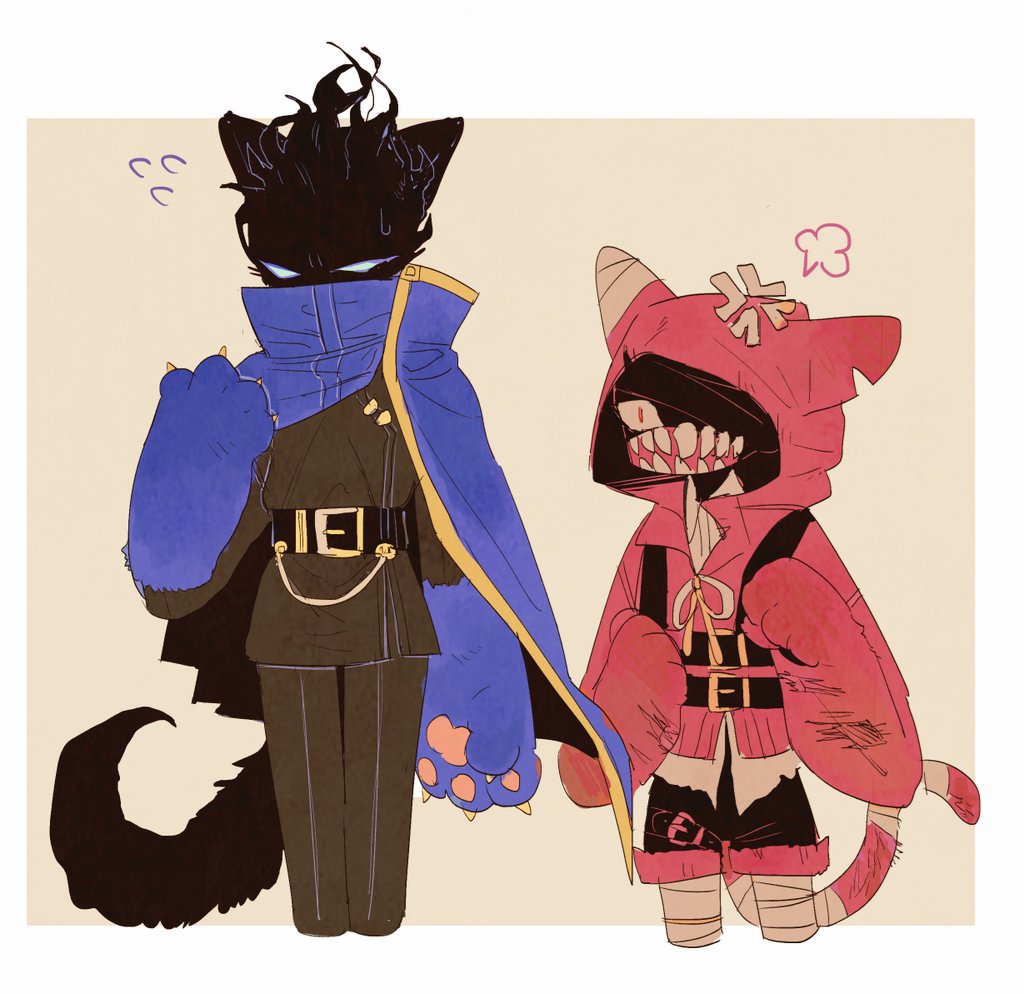 1boy 1girl adversarial_noise anger_vein animal_ears animal_hands belt black_belt black_fire black_jacket black_pants black_shorts blue_cape cape capelet cat_ears cat_tail cowboy_shot der_freischuetz_(project_moon) fire flaming_head full_body hood hooded_capelet jacket little_red_riding_hooded_mercenary lobotomy_corporation lobotomy_yon neck_ribbon open_mouth pants pink_background project_moon protected_link red_capelet ribbon sharp_teeth shorts simple_background tail teeth