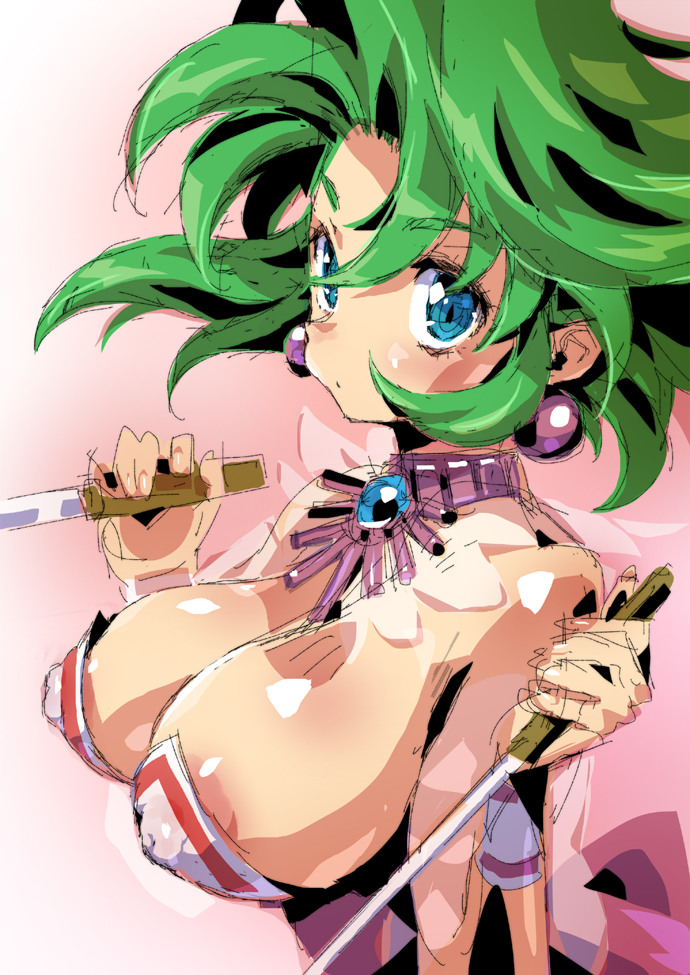 1girl blue_eyes breasts breasts_out clothing_aside earrings ellis_(toushinden) green_hair highres jewelry large_breasts necklace nipples parted_bangs petitdry_(puchidori) see-through_clothes see-through_sleeves sex shiny_skin short_hair sidelocks toushinden wrist_cuffs