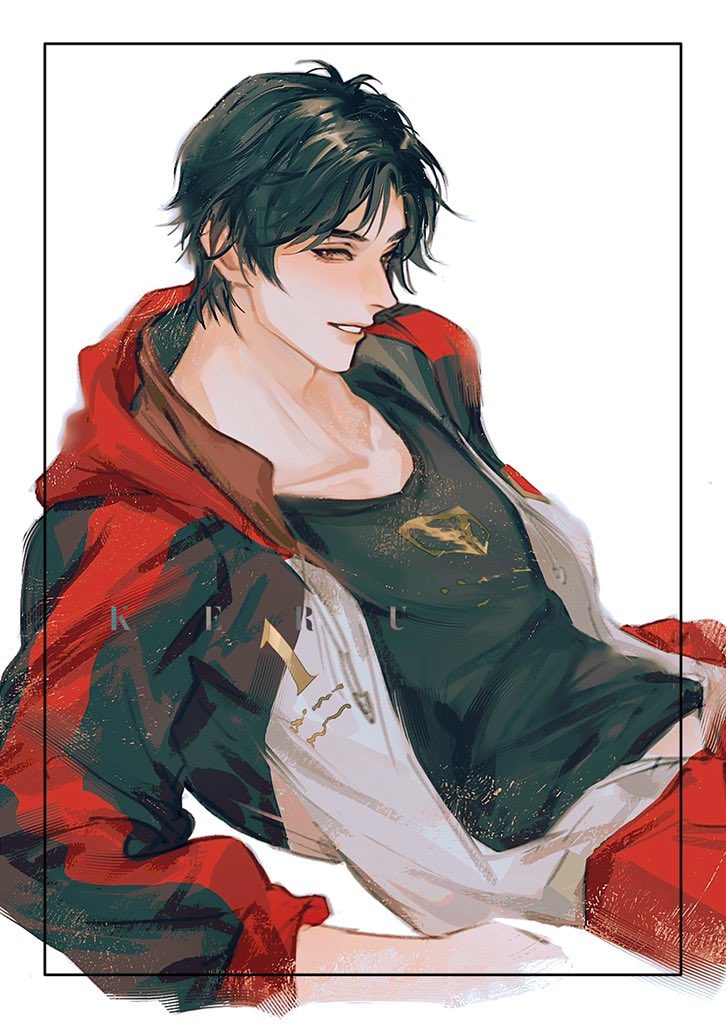 1boy artist_name black_hair black_shirt border brown_eyes collarbone hood hood_down hooded_jacket inset_border jacket keru233 long_sleeves looking_at_viewer male_focus multicolored_jacket open_clothes open_jacket pants parted_lips quan_zhi_gao_shou red_jacket red_pants shirt short_hair simple_background sitting smile solo upper_body white_background white_jacket ye_xiu