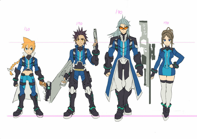 1girl 3boys asimov_(gunvolt) azure_striker_gunvolt azure_striker_gunvolt_1 black_hair blonde_hair blue_coat blue_jacket blue_skirt braid braided_ponytail brown_hair coat concept_art finger_on_trigger gino_(gunvolt) grey_hair gun gunvolt height_chart high_ponytail holding holding_gun holding_weapon jacket long_hair monica_(gunvolt) multiple_boys official_art ponytail reference_sheet rifle simple_background skirt sniper_rifle spiked_hair sunglasses trigger_discipline weapon white_background