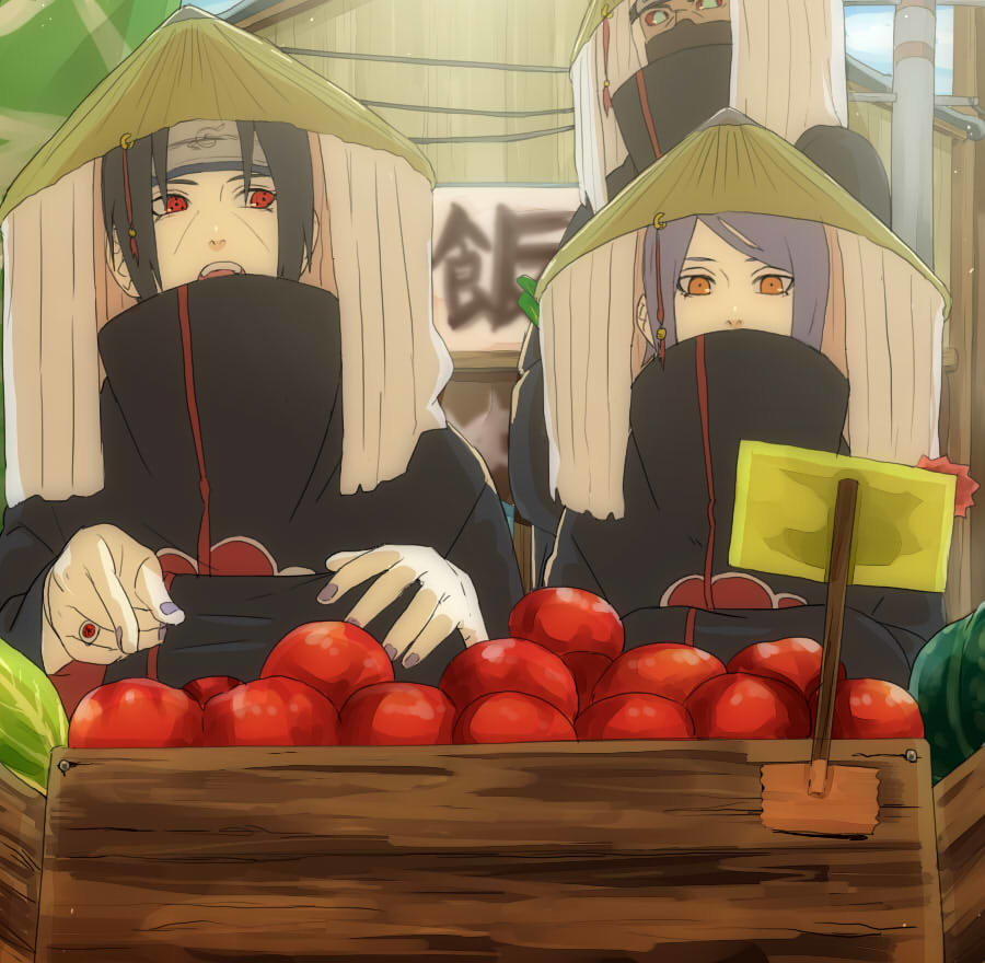 1girl 2boys akatsuki_uniform bad_id bad_pixiv_id black_hair blue_hair colored_sclera covered_mouth facial_mark food forehead_protector green_eyes groceries hat high_collar jewelry kakuzu_(naruto) konan_(naruto) konohagakure_symbol mask mi_(pic52pic) mouth_mask multiple_boys nail_polish naruto_(series) naruto_shippuuden ninja open_mouth orange_eyes outdoors purple_nails red_eyes red_sclera ring sharingan shopping short_hair teeth uchiha_itachi
