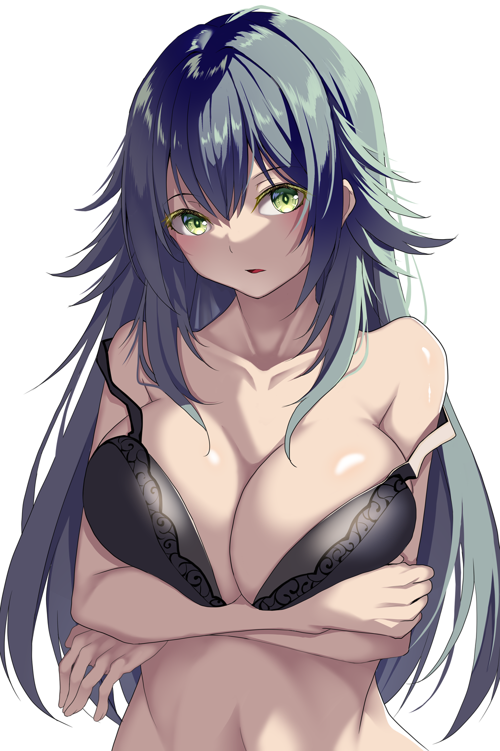 1girl :o arms_under_breasts black_bra blush bra breasts cleavage collarbone commentary_request creek_(moon-sky) double_strap_slip gakuen_idolmaster green_eyes green_hair hair_flaps highres idolmaster large_breasts long_hair looking_at_viewer navel simple_background solo tsukimura_temari underwear upper_body very_long_hair white_background
