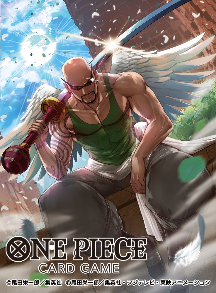 1boy arm_tattoo bald commentary_request copyright_name feathers green_tank_top holding holding_weapon looking_at_viewer male_focus moreshan muscular muscular_male official_art ohm_(one_piece) one_piece one_piece_card_game sitting sky solo sunglasses sword tank_top tattoo weapon white_wings wings