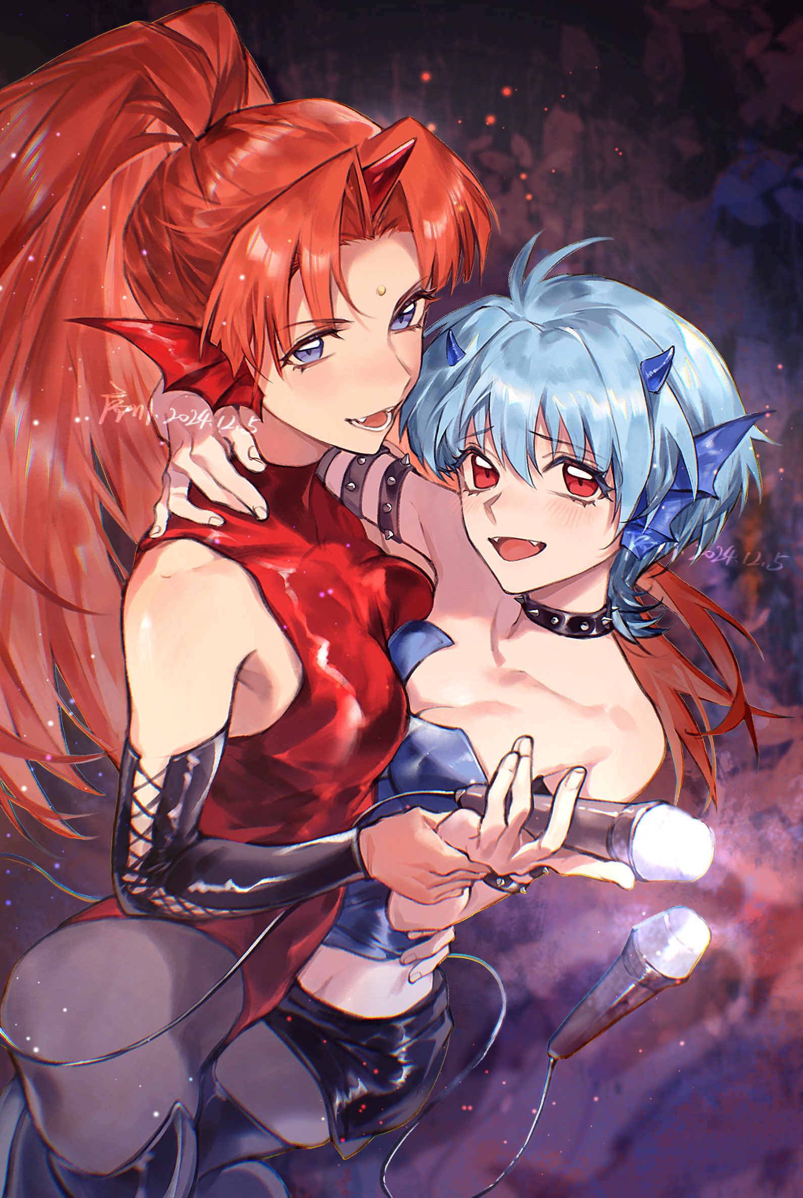 2girls arm_around_neck arm_around_waist armlet asymmetrical_docking bare_shoulders between_breasts black_boots black_choker black_shorts black_sleeves blue_eyes blue_hair blue_horns blue_shirt boots breast_press breasts choker cowboy_shot crop_top cross-laced_clothes cross-laced_sleeves detached_sleeves fangs fins forehead_jewel grey_pantyhose hair_between_eyes head_fins heattech_leotard high_ponytail highleg highleg_leotard highres holding holding_another's_wrist holding_microphone horns incest jewelry leg_between_thighs leotard light_blush long_hair long_sleeves looking_at_viewer medium_breasts mermaid_melody_pichi_pichi_pitch microphone mimi_(mermaid_melody_pichi_pichi_pitch) multiple_girls open_mouth pantyhose parted_bangs ponytail red_eyes red_hair red_horns red_leotard sheshe shirt short_hair shorts siblings single_horn sisters sleeveless sleeveless_turtleneck_leotard small_breasts smile spiked_armlet spiked_choker spikes strapless strapless_shirt teeth thigh_boots turtleneck xuchuan yuri