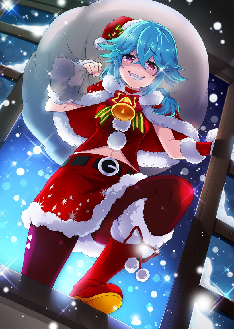 1girl bell belt black_belt blue_hair boots bow breasts capelet commentary_request dot_nose evil_grin evil_smile foot_up from_below fur-trimmed_capelet fur-trimmed_skirt fur_trim green_bow grin hair_between_eyes hat hat_bow holding holding_sack indoors leggings looking_at_viewer low_side_ponytail medium_breasts medium_hair navel neck_bell night official_art open_window pants pom_pom_(clothes) project_tokyo_dolls purple_eyes red_boots red_capelet red_leggings red_pants red_skirt sack santa_costume santa_hat second-party_source shaded_face sidelocks skirt smile snowing solo sparkle striped_bow window yamada_(project_tokyo_dolls)