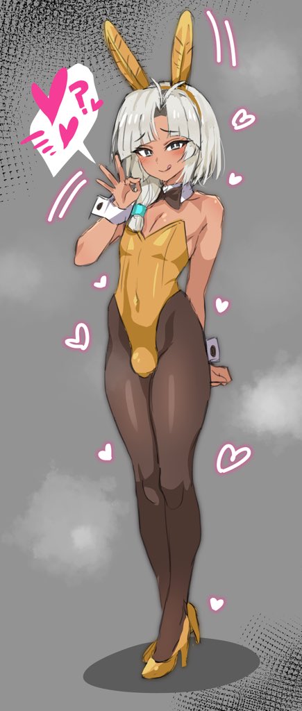 1girl bare_shoulders brown_pantyhose bulge covered_navel dark_skin fate/grand_order fate_(series) fellatio_gesture full_body grey_eyes hand_up high_heels leotard looking_at_viewer pantyhose short_hair smile tongue tongue_out trap tutankhamun_(fate) white_hair yellow_leotard zanegoodell
