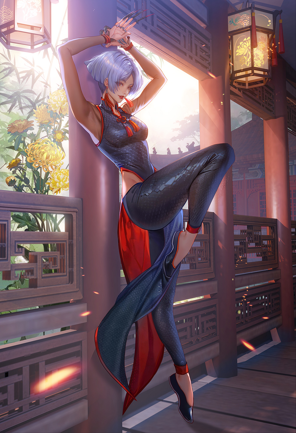 1girl a.k.i._(street_fighter) armpits arms_up black_shoes breasts china_dress chinese_clothes claw_(weapon) claw_ring dress earrings fan_yang_(jiuge) flats grey_hair highres jewelry pelvic_curtain red_eyes red_lips scale_print see-through_clothes see-through_sleeves shoes short_hair snake_print solo street_fighter street_fighter_6 tassel tassel_earrings weapon