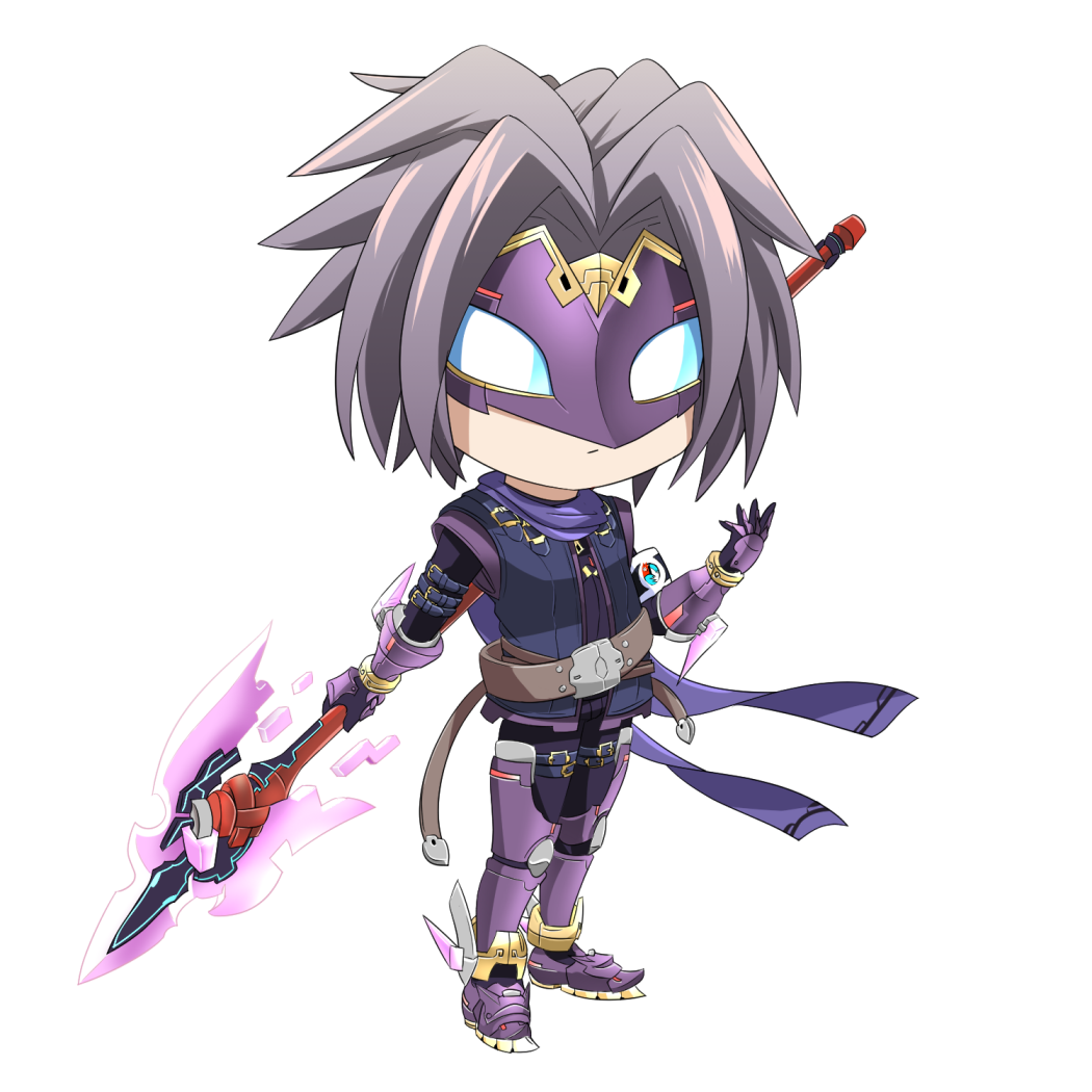 1boy armor belt black_bodysuit blue_sclera bodysuit bodysuit_under_clothes brown_belt character_request chibi closed_mouth colored_sclera commentary_request energy_spear expressionless full_body gauntlets grey_hair holding holding_polearm holding_weapon hop_step_jumpers lets0020 looking_at_viewer male_focus masked parted_bangs polearm purple_armor purple_scarf purple_shirt scarf shirt short_hair simple_background solo spear standing transparent_background weapon white_eyes