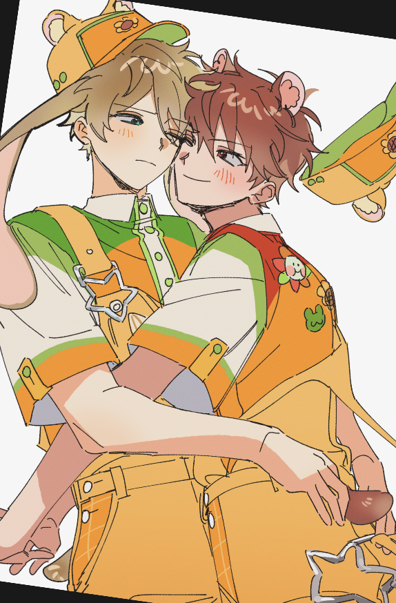 2boys animal_ear_headwear animal_ears arms_behind_back black_border blue_eyes blush border brown_hair ensemble_stars! fake_animal_ears hands_on_another&#039;s_waist hat hug looking_at_another morisawa_chiaki multicolored_hat multiple_boys official_alternate_costume one_eye_closed patch red_eyes short_hair short_sleeves simple_background supern0va suspenders takamine_midori