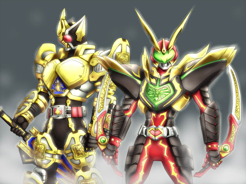 2boys armor belt compound_eyes dual_wielding gold_armor holding holding_sword holding_weapon irisu_haniwa kamen_rider kamen_rider_blade kamen_rider_blade_(series) kamen_rider_chalice multiple_boys sword weapon