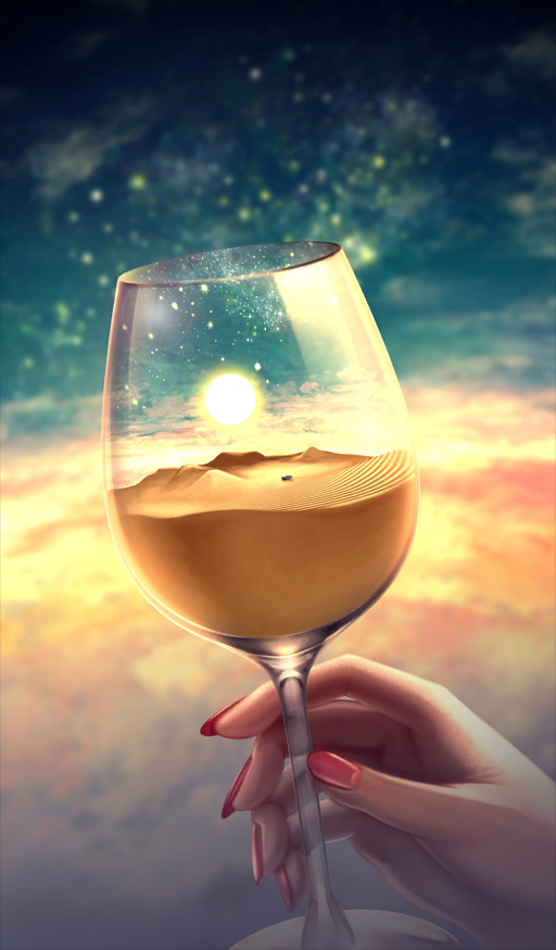 1girl bb_(fate) bb_dubai_(fate) blurry blurry_background commentary_request cup desert drinking_glass fate/grand_order fate_(series) fingernails hayosena holding holding_cup lens_flare motor_vehicle no_humans object_focus official_art ono_no_komachi_koken-shou pink_nails sand still_life sun third-party_source wine_glass