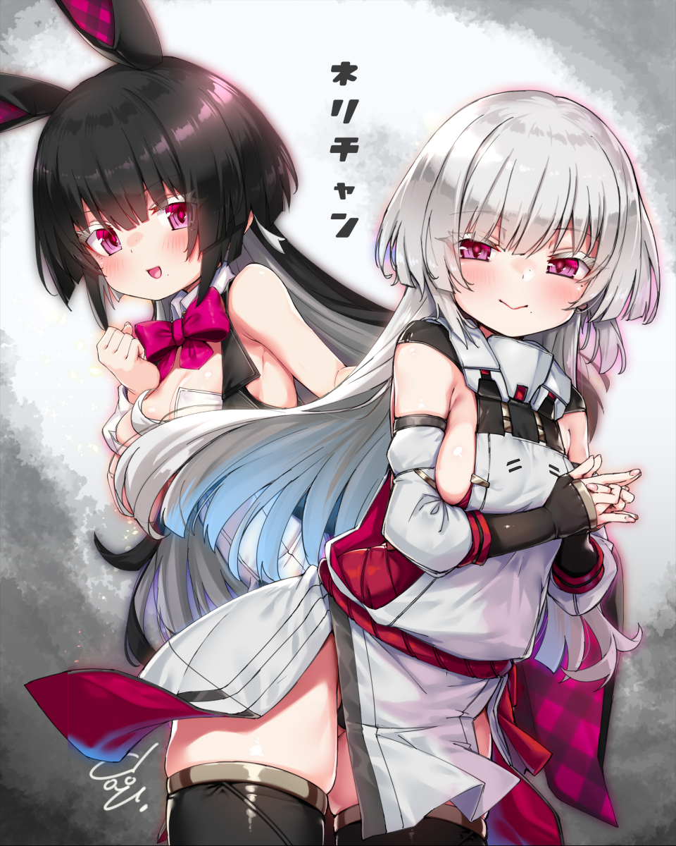 2girls :&gt; alice_gear_aegis animal_ears black_gloves black_hair black_pantyhose black_thighhighs black_vest blue_hair bow bowtie breasts character_request check_character cleavage closed_mouth collar colored_eyelashes colored_inner_hair commentary_request cropped_vest dated detached_collar detached_sleeves doyouwantto dress fake_animal_ears fake_tail fingerless_gloves gloves grey_dress grey_hair grey_sleeves highres kanaya_neri large_breasts leotard long_hair looking_at_viewer medium_breasts mole mole_under_eye mole_under_mouth multicolored_hair multiple_girls open_mouth own_hands_together pantyhose pink_bow pink_bowtie pink_eyes pink_hair playboy_bunny rabbit_ears rabbit_tail side_slit skindentation sleeveless sleeveless_dress smile strapless strapless_leotard tail thigh_strap thighhighs two-tone_hair variant_set vest white_collar white_hair white_leotard white_wrist_cuffs wrist_cuffs