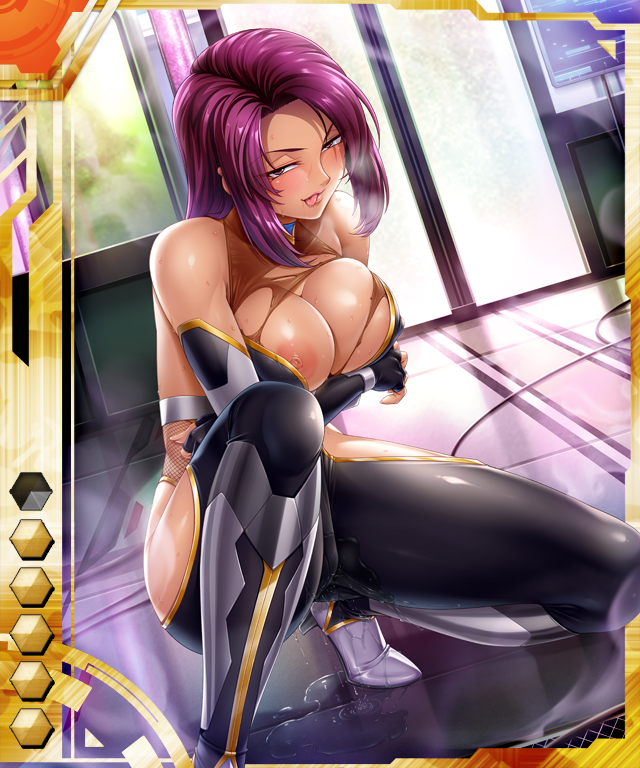 bodysuit breasts card_(medium) card_(orange-ur) card_(ur) cleavage kagami_hirotaka koukawa_oboro large_breasts naughty_face oboro_(taimanin_asagi) purple_hair pussy_juice squatting taimanin_(series) taimanin_asagi_battle_arena_all_card_gallery taimanin_asagi_kessen_arena