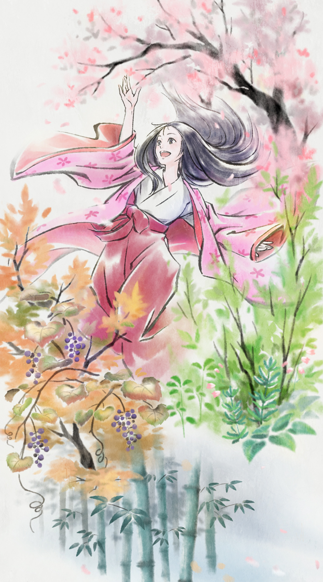 10s 1girl :d arm_up bamboo black_eyes black_hair cherry_blossoms faux_traditional_media floating_hair food fruit grapes hakama hakama_skirt happy highres japanese_clothes kaguya-hime_no_monogatari kaguya_hime kimono leaf long_hair mike_(mee627mee) open_mouth plant red_hakama skirt smile taketori_monogatari tree