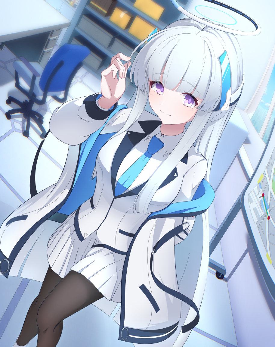 black_pantyhose blue_archive blue_necktie box chair desk grey_hair halo headgear jacket looking_at_viewer mikishiro necktie noa_(blue_archive) pantyhose purple_eyes shirt shoes smile standing white_hair white_jacket white_shirt white_shoes window