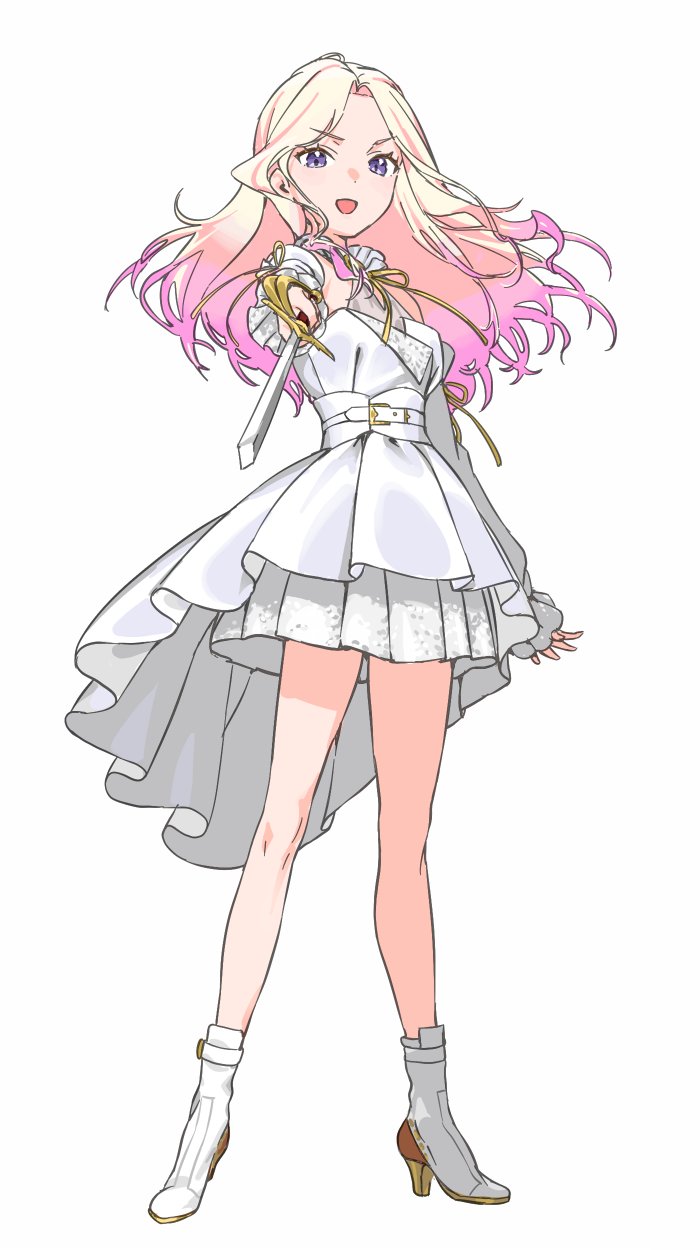 1girl aiming aiming_at_viewer ankle_boots belt blonde_hair boots detached_sleeves dress full_body gakuen_idolmaster haimura_kiyotaka high_heel_boots high_heels highres holding holding_sword holding_weapon idolmaster juo_sena long_sleeves looking_at_viewer multicolored_hair open_mouth pink_hair pointing_melee_weapon pointing_sword purple_eyes simple_background sleeveless sleeveless_dress smile solo standing streaked_hair sword two-tone_hair v-shaped_eyebrows weapon white_background white_belt white_dress white_sleeves