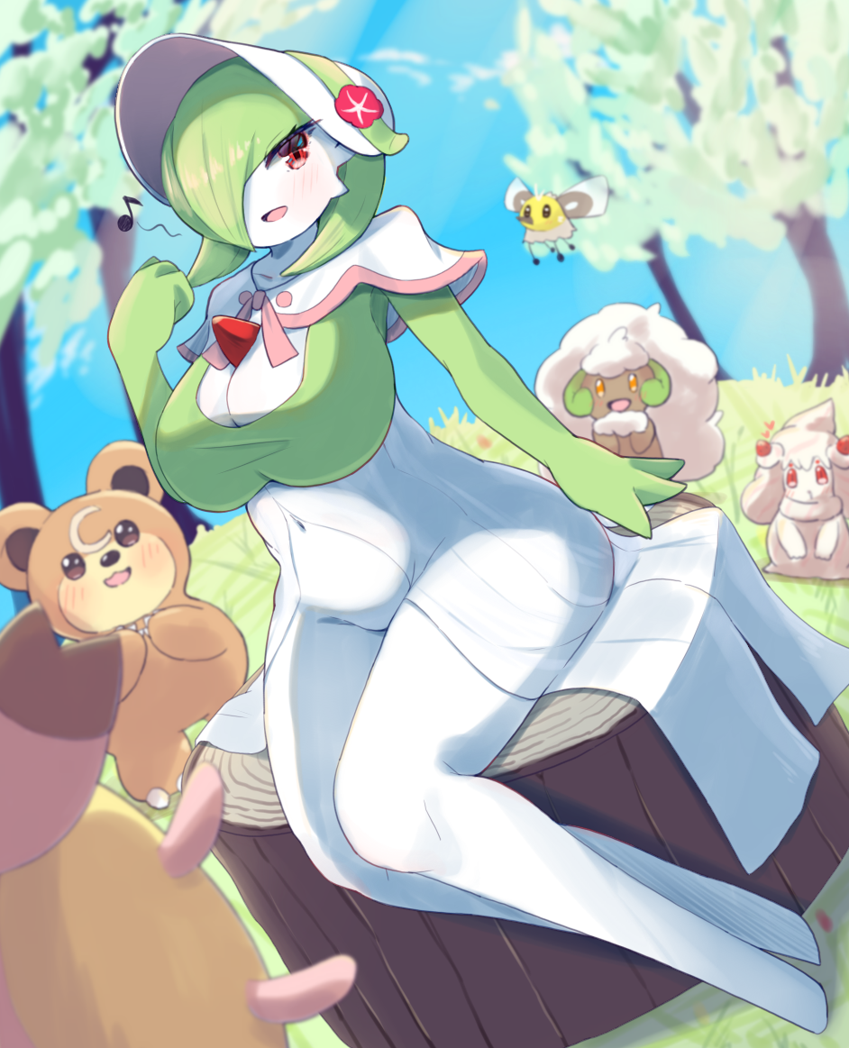 1girl alcremie alcremie_(strawberry_sweet) alcremie_(vanilla_cream) arai_mei arm_at_side blue_sky blurry blurry_background blurry_foreground blush bob_cut bonnet breasts capelet clenched_hand collarbone colored_skin cutiefly day female_focus flower full_body gardevoir gardevoir_(fashionable) gen_2_pokemon gen_3_pokemon gen_5_pokemon gen_7_pokemon gen_8_pokemon grass green_hair green_skin groin hair_over_one_eye hand_up happy hat hat_flower large_breasts legs legs_together looking_at_viewer miltank multicolored_skin musical_note navel nintendo no_feet one_eye_covered open_mouth outdoors pink_trim pokemon pokemon_unite red_eyes red_flower short_hair sitting sky smile solo_focus spoken_musical_note stomach teddiursa thighs tree tree_stump two-tone_skin udder whimsicott white_capelet white_hat white_skin