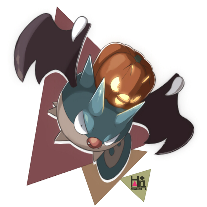 animal_focus artist_logo black_eyes closed_mouth fang full_body gen_2_pokemon harisen1012 jack-o&#039;-lantern logo looking_at_viewer nintendo no_humans one-hour_drawing_challenge pokemon pokemon_(creature) pumpkin_hat qwilfish solo white_background wings