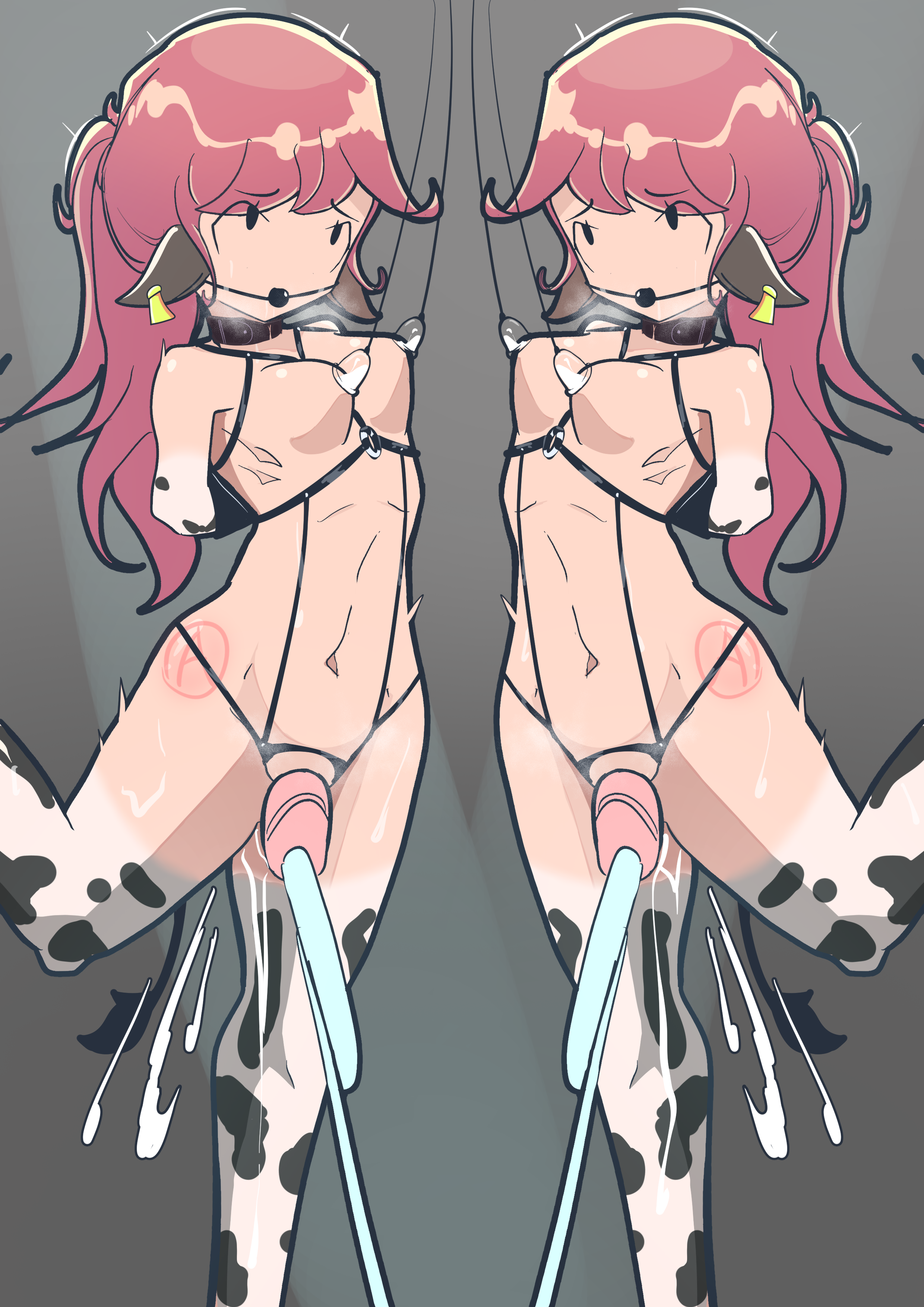 2girls absurdres animal_ears animeretrograde bdsm bondage bound cow_ears cow_girl cum highres human_cattle milking milking_machine multiple_girls ponytail sex_toy siblings sisters slave sweat twins vibrator