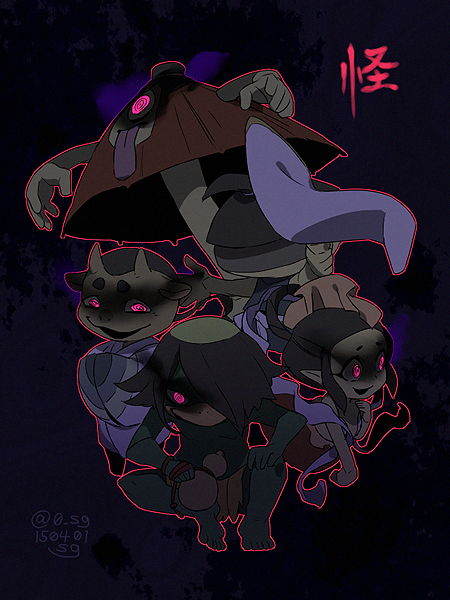 10s artist_name colored_skin cyclops dated gourd green_skin hair_over_one_eye kappa kappa_(youkai_watch) kappa_kai karakasa_obake karakasa_obake_(youkai_watch) karakasa_obake_kai kudan_(youkai_watch) kudan_kai long_tongue mermaid monster_girl ningyo_(youkai_watch) ningyo_kai oil-paper_umbrella one-eyed open_mouth pink_eyes revision sg_(suuchan) simple_background sitting tongue tongue_out traditional_youkai twitter_username umbrella youkai_watch youkai_watch_2 zashikiwarashi_(youkai_watch) zashikiwarashi_kai