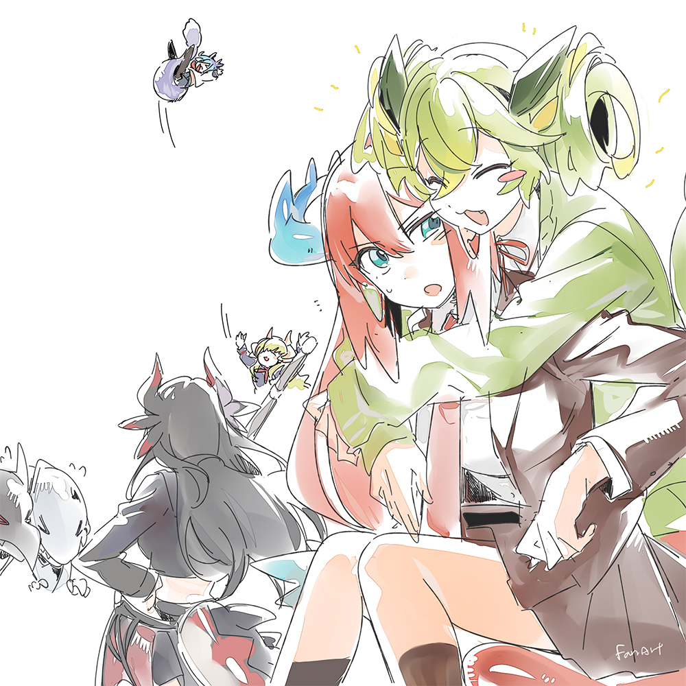 3_ma_me 5girls alternate_costume black_hair black_tail black_wings blue-eyes_white_dragon blush_stickers brown_jacket brown_skirt closed_eyes dragon dragon_girl dragon_horns dragon_tail duel_monster fang green_hair green_jacket group_picture holding holding_sword holding_weapon horns house_dragonmaid jacket kitchen_dragonmaid lady&#039;s_dragonmaid laundry_dragonmaid long_hair low_wings multiple_girls parlor_dragonmaid pleated_skirt red-eyes_black_dragon red_hair school_uniform shirt simple_background skirt sword tail weapon white_background white_shirt wings wooden_sword yu-gi-oh!
