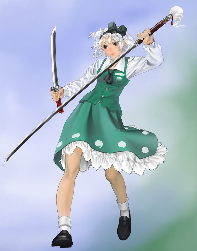 1girl dual_wielding female_focus full_body gradient_background hairband holding katana konpaku_youmu muhamado short_hair silver_hair solo sword tanto touhou weapon