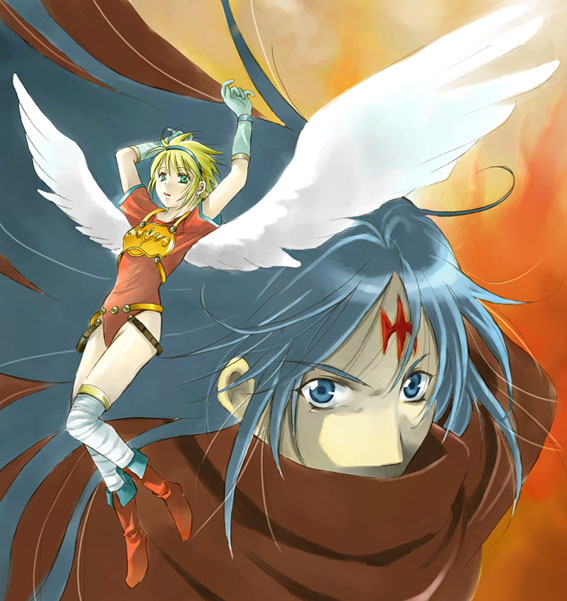 1boy 1girl angel_wings armor blonde_hair blue_eyes blue_hair breath_of_fire breath_of_fire_i capcom green_eyes leotard nina_(breath_of_fire_i) nino_(nino_imo) red_leotard ryu_(breath_of_fire_i) thighhighs thighs white_wings wings