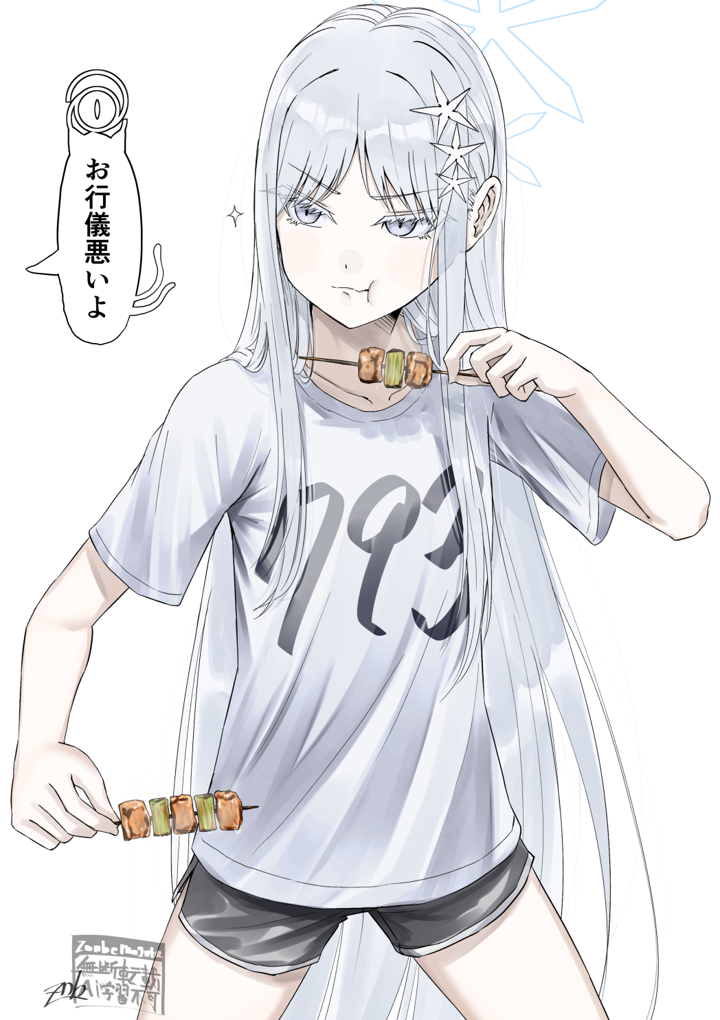 1girl black_shorts blue_archive breasts clothes_writing eating food grey_eyes hair_ornament halo highres holding long_hair nagusa_(blue_archive) numbered shirt shish_kebab shorts simple_background small_breasts snowflake_hair_ornament solo standing t-shirt very_long_hair watermark white_background white_hair white_halo white_shirt zombie_mogura