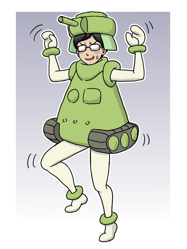 1boy alternate_costume bodysuit caterpillar_tracks costume dancing girls_und_panzer glasses gradient_background green_bodysuit green_hat grey_background hat military_vehicle motor_vehicle rectangular_eyewear standing standing_on_one_leg sweat takahashi_kurage tank tank_turret tsuji_renta
