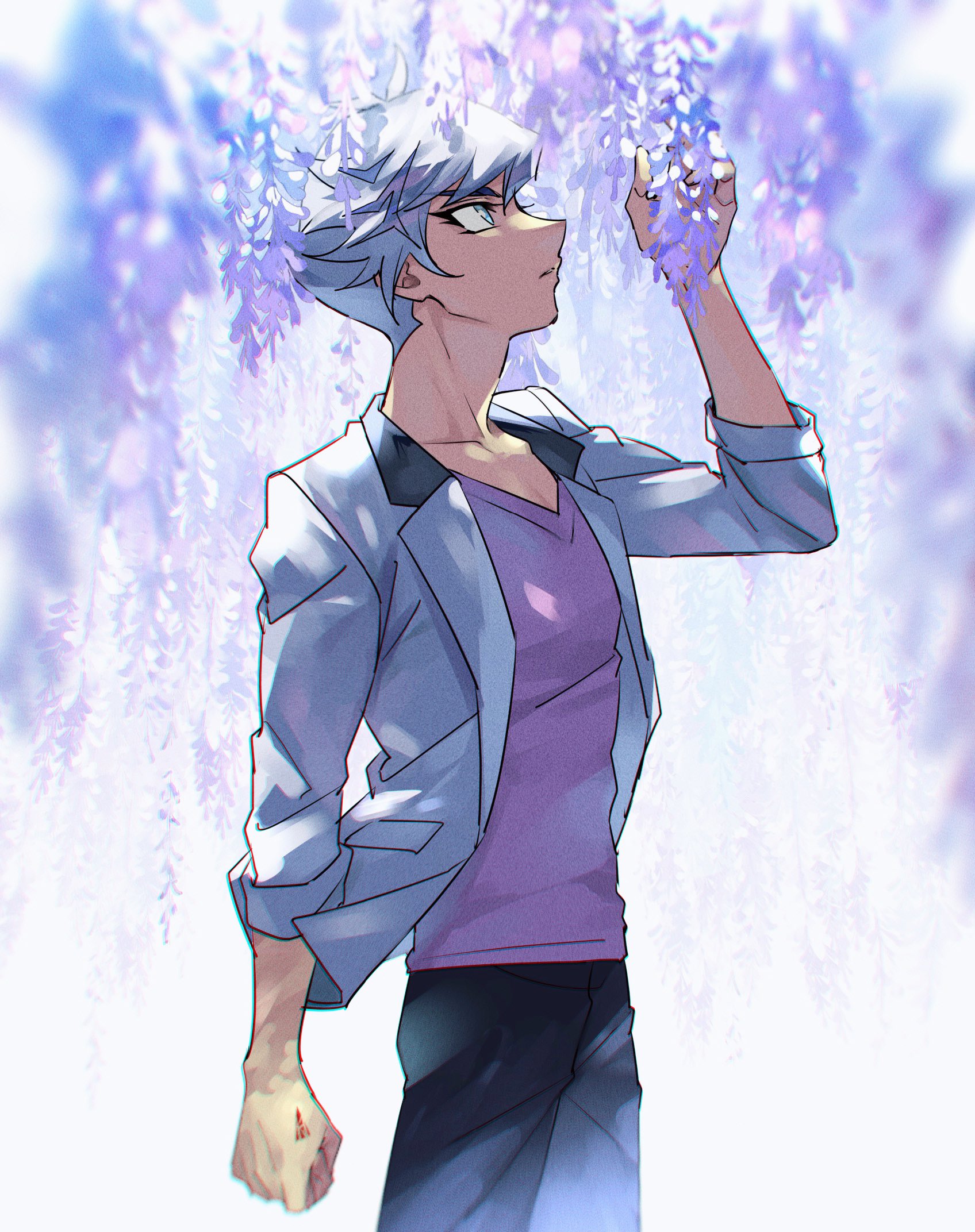 1boy arm_up black_pants blazer blue_eyes blurry blurry_background blurry_foreground cherry_blossoms clenched_hand commentary dappled_sunlight facing_to_the_side flower hand_tattoo hand_up highres jacket kogami_ryoken light_particles looking_at_flowers looking_at_object looking_to_the_side looking_up male_focus mayona_(mayona1poke) multicolored_hair open_clothes open_jacket pants picking_flowers picking_up pink_shirt purple_flower shirt sleeves_rolled_up streaked_hair sunlight tattoo tree under_tree white_hair white_jacket wind yu-gi-oh! yu-gi-oh!_vrains