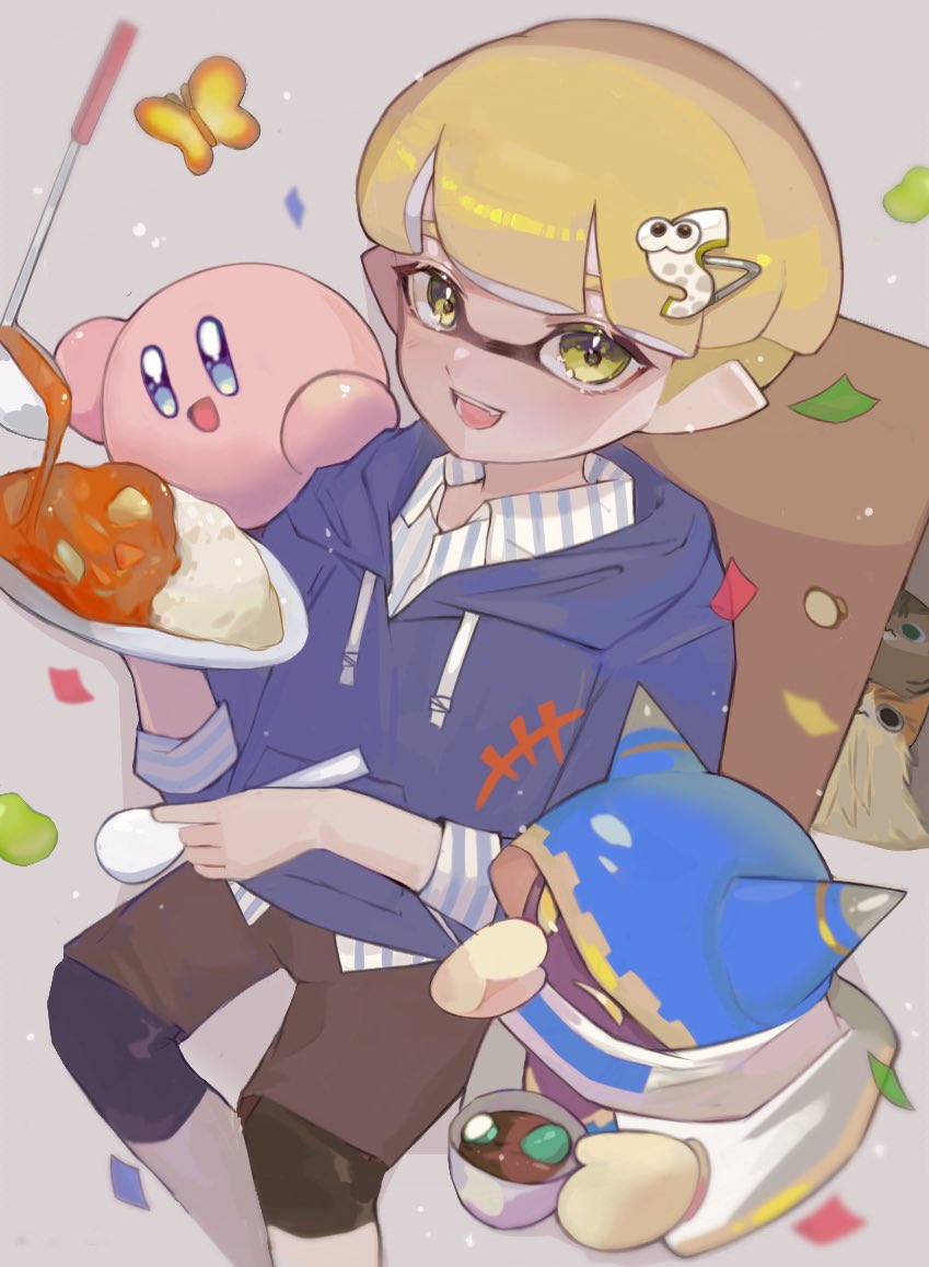 +++ 1boy :d black_shorts blonde_hair blue_eyes blue_hoodie bug butterfly character_request colored_skin commentary_request confetti curry curry_rice d_msy8 food golf_club grey_background hair_ornament hairclip holding holding_plate hood hoodie inkling inkling_boy inkling_player_character insect kirby kirby&#039;s_return_to_dream_land kirby_(series) looking_at_viewer magolor male_focus nintendo one_eye_closed open_mouth pink_skin plate pointy_ears rice short_hair shorts sitting smile splatoon_(series) splatoon_3 squid_hairclip_(splatoon) teeth tentacle_hair upper_teeth_only yellow_eyes