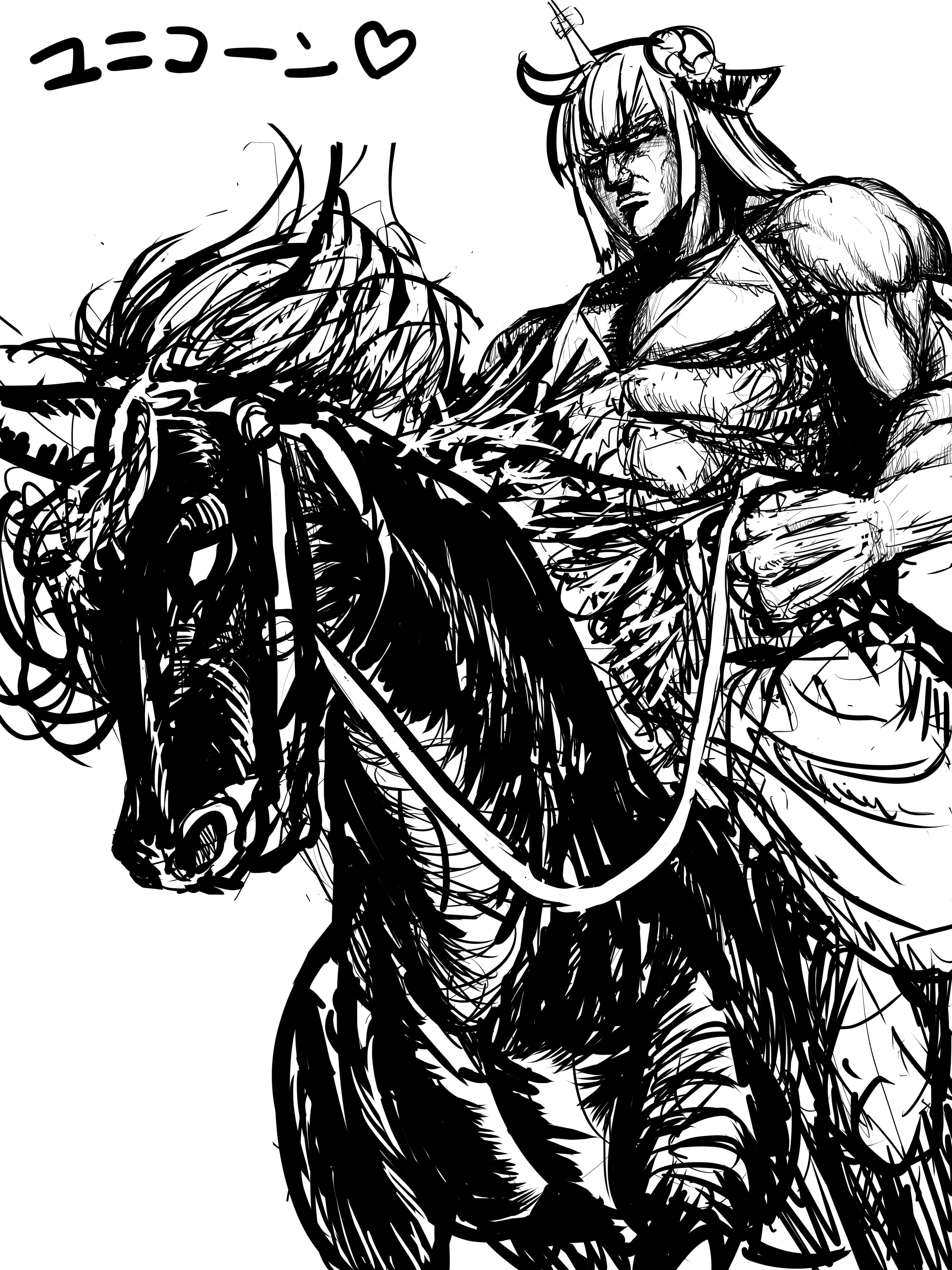 1girl absurdres assha_(schector) azur_lane closed_mouth commentary_request cowboy_shot greyscale hara_tetsuo_(style) highres hokuto_no_ken horseback_riding long_hair monochrome muscular muscular_female official_style raoh_(hokuto_no_ken) reins riding romaji_commentary simple_background solo unicorn unicorn_(azur_lane) white_background