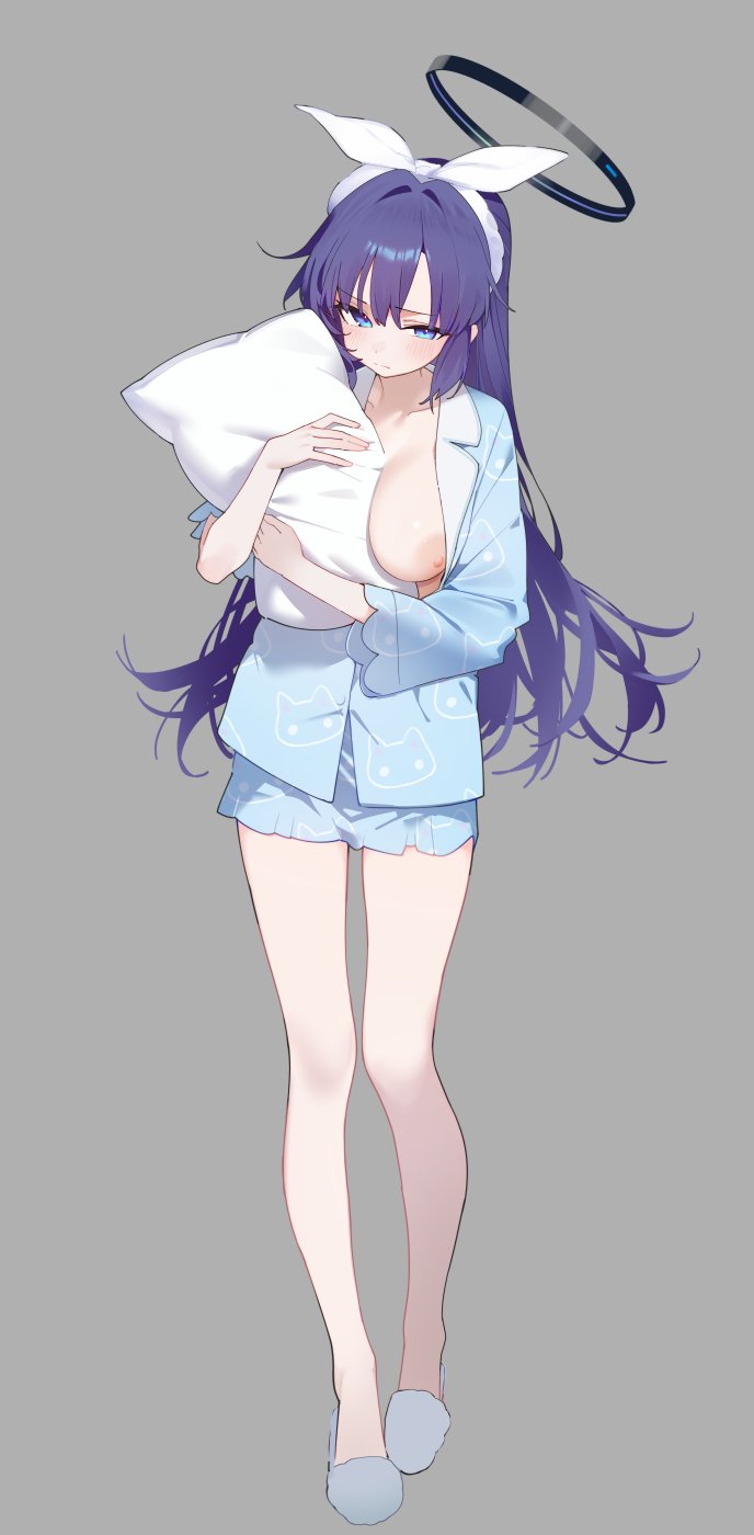1girl between_breasts blue_archive blue_eyes blue_pajamas blush breasts closed_mouth commentary full_body grey_background hair_between_eyes hairband halo harenchi highres holding holding_pillow large_breasts long_hair long_sleeves looking_at_viewer nipples one_breast_out pajamas pillow purple_hair shorts simple_background slippers solo standing white_hairband yuuka_(blue_archive) yuuka_(pajamas)_(blue_archive)