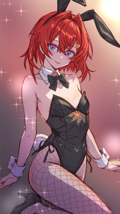 1girl alternate_costume ange_katrina animal_ear_hairband animal_ears armpit_crease bare_shoulders black_bow black_bowtie black_hairband black_leotard black_shoes blue_eyes blush bow bowtie breasts brown_background closed_mouth commentary_request crossed_bangs detached_collar fake_animal_ears fake_tail fishnet_pantyhose fishnets foot_out_of_frame gradient_background grey_background hair_between_eyes hair_intakes hair_ornament hairband high_heels leg_up leotard lips looking_at_viewer medium_hair mikan_mizu multicolored_eyes nijisanji pantyhose playboy_bunny purple_eyes rabbit_ear_hairband rabbit_ears rabbit_tail shoes sketch small_breasts smile solo sparkle strapless strapless_leotard tail triangle_hair_ornament two-tone_eyes virtual_youtuber wrist_cuffs