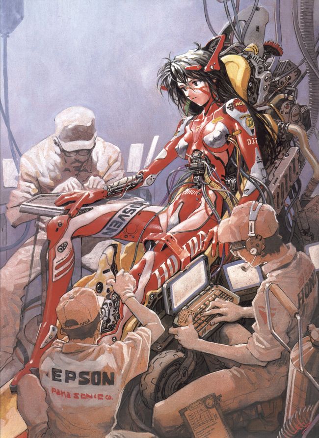1girl 3boys android baseball_cap black_eyes black_hair bodysuit breasts breasts_apart cable clipboard clothes_writing computer computer_keyboard cyborg der_mond english_text epson expressionless facepaint facial_hair glasses hat headset honda laptop long_hair looking_afar machinery mecha mechanic mechabare mild_seven multiple_boys mustache panasonic panasonic_corporation parody racing racing_suit robot sadamoto_yoshiyuki science_fiction skinny slender small_breasts suzuka_hachitai_2050 wheel wire