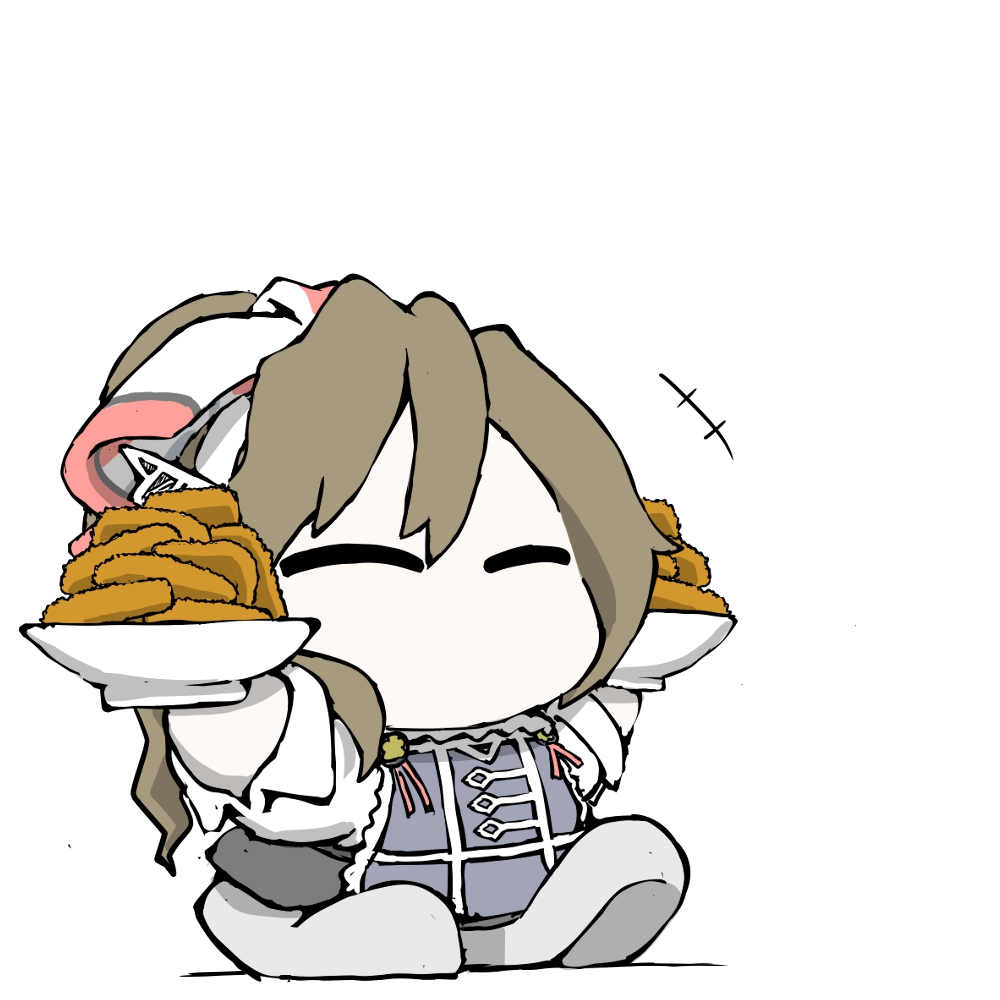 1girl ^_^ apron ashigara_(kancolle) ashigara_kai_ni_(ichibankuji)_(kancolle) ashigara_kai_ni_(kancolle) black_skirt bowl brown_hair chibi closed_eyes commentary_request fish_(food) food fried_fish grey_shoes holding kantai_collection long_hair no_mouth purple_apron shirt shoes simple_background skirt solo task_(s_task80) wavy_hair white_background white_shirt