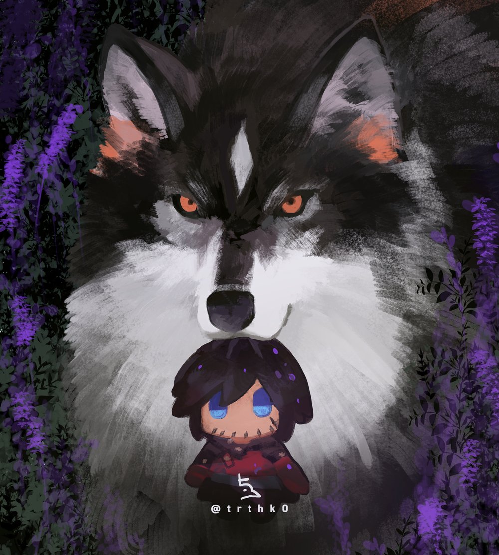 1boy character_doll clive_rosfield dog doll facial_mark final_fantasy final_fantasy_xvi flower forehead_mark hiko_(lg612) looking_at_viewer mouth_hold no_humans orange_eyes plant solo torgal_(ff16) two-tone_fur upper_body