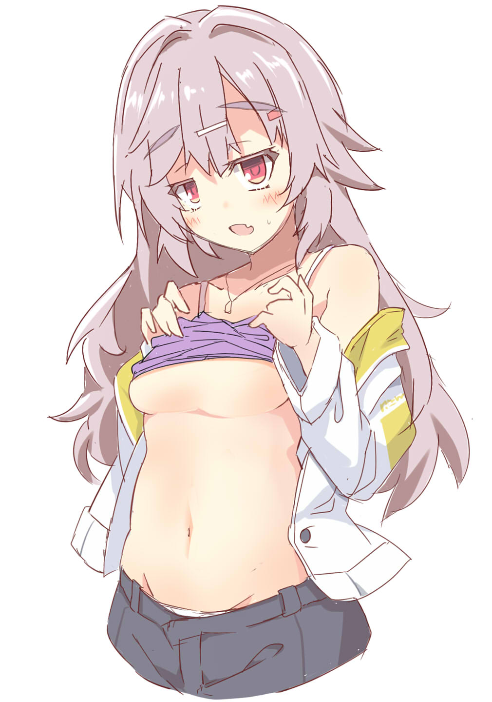 1girl bare_shoulders black_shorts blush breasts casual clothes_lift collarbone commentary_request cowboy_shot fang grey_hair hair_between_eyes hair_intakes hair_ornament hairclip hands_up highres jacket jewelry jitome kinoshita_kaede lifting_own_clothes long_hair long_sleeves looking_at_viewer medium_breasts navel necklace no_bra official_alternate_costume open_clothes open_jacket open_mouth purple_shirt raised_eyebrows red_eyes shirt shirt_lift shorts shy simple_background skin_fang sleeveless sleeveless_shirt solo stomach tenshi_souzou_re-boot! thick_eyebrows underboob upturned_eyes very_long_hair white_background white_jacket yukichi_(nyarome-busters)